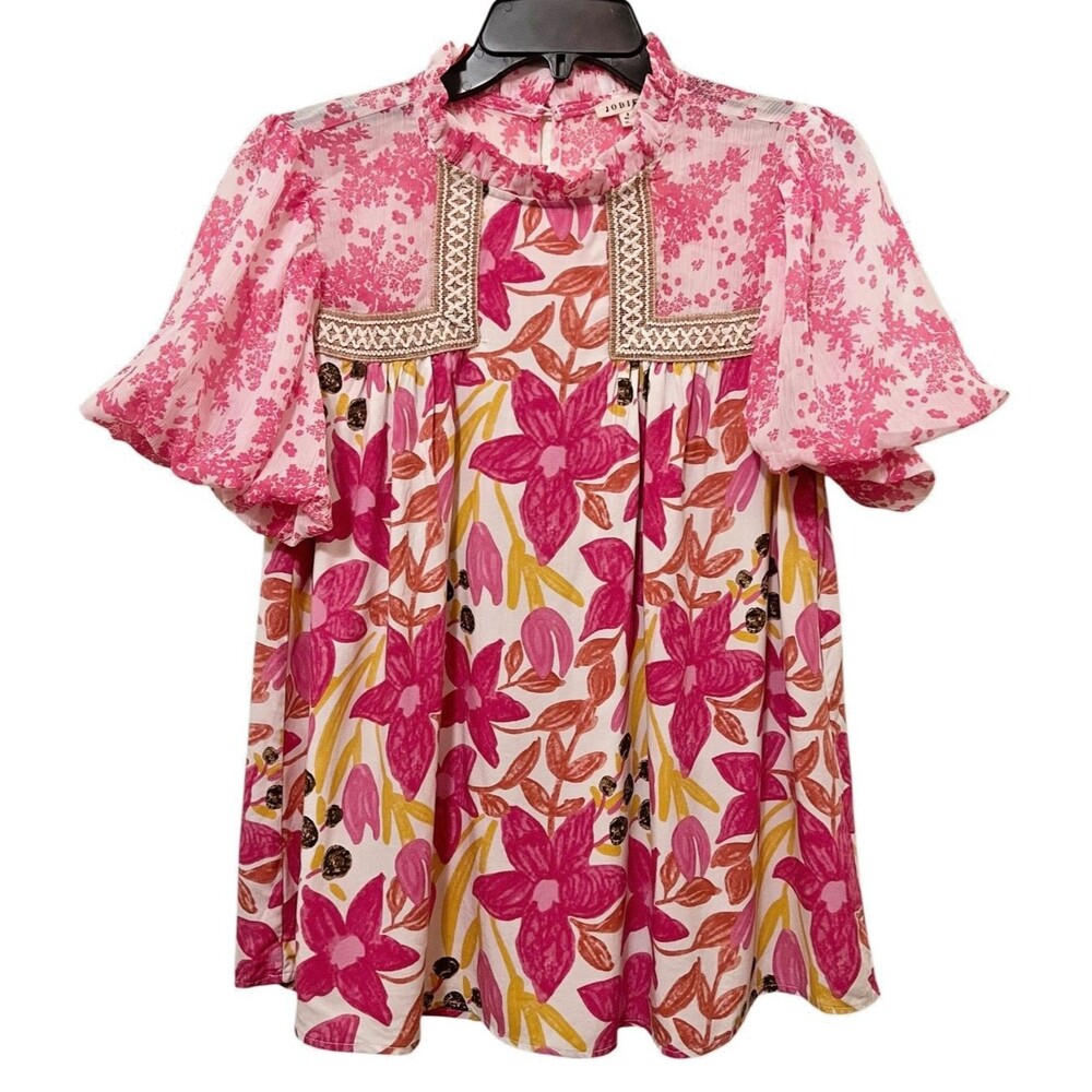 Anthropologie JODIFL Pink/White Floral Top Puff Sleeve Ruffle Collar S NWT